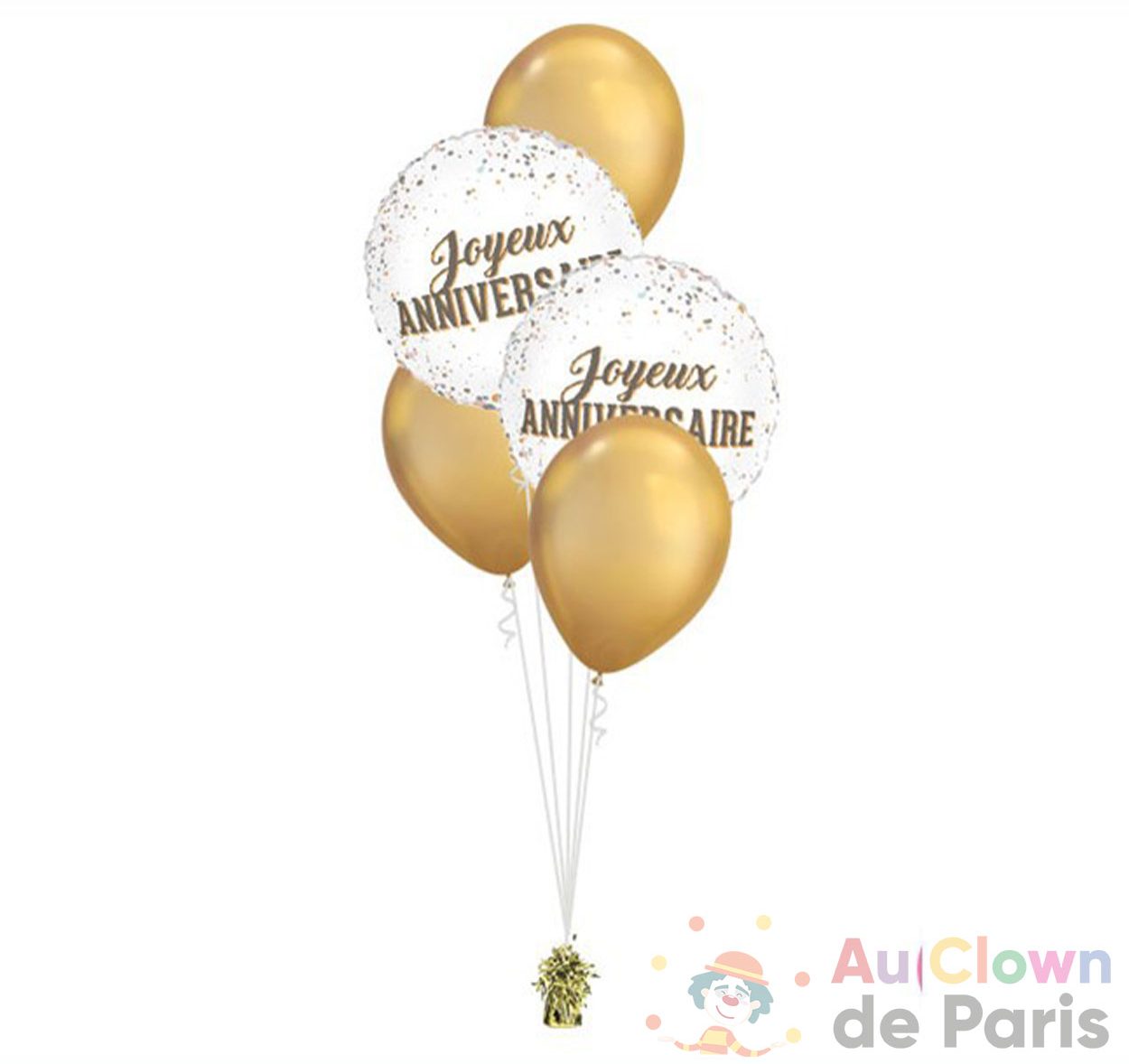 Bouquet ballon anniversaire dots gold chrome - Au Clown de Paris
